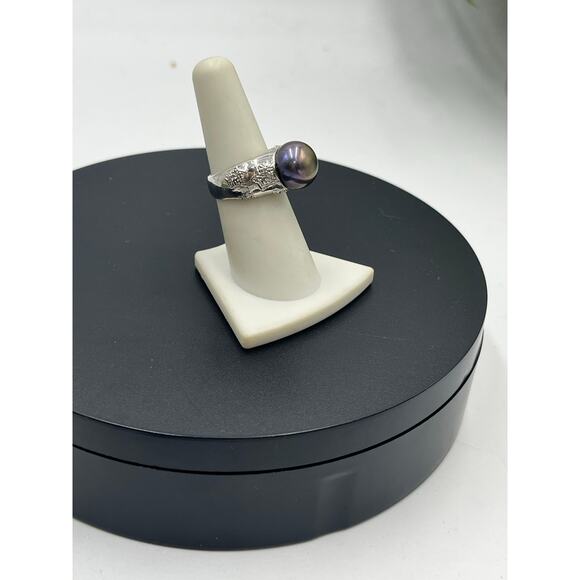 RT Platinum Sterling 12mm Black Cultured Freshwater Pearl Diamond Star Ring 7.25 - Picture 2 of 12